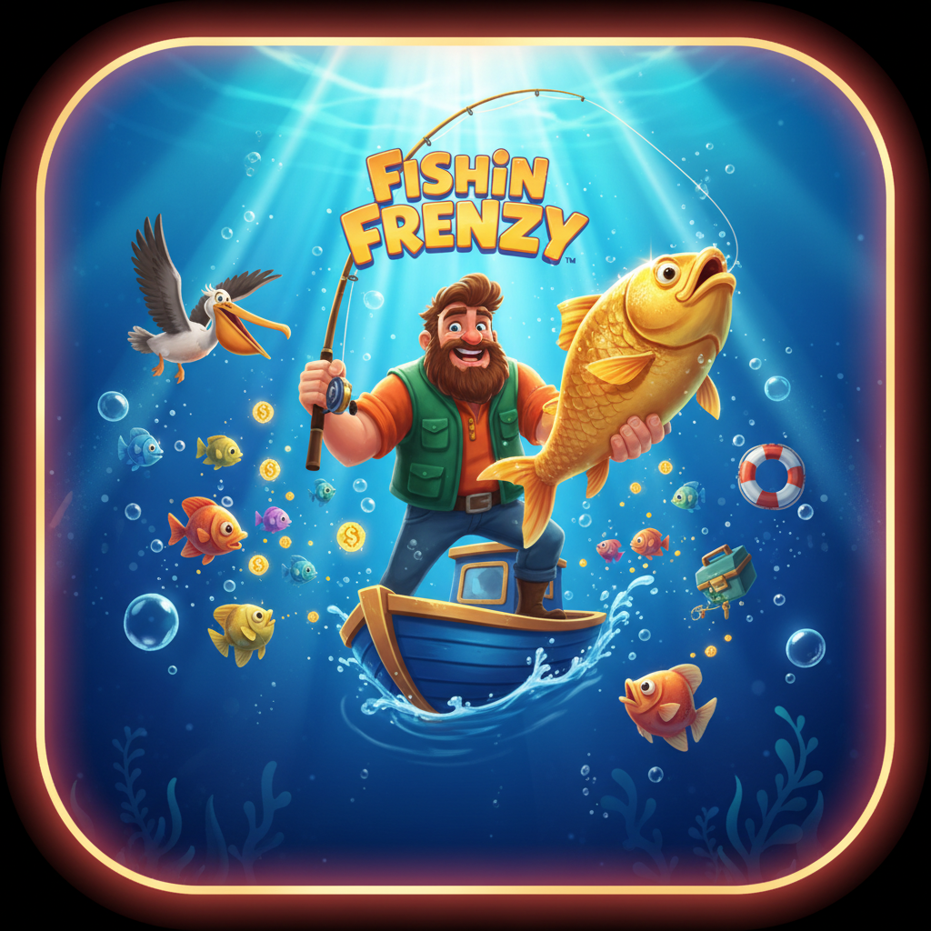 Fishin' Frenzy slot main game screen showing 5x3 reels with ocean underwater background and orange-red title